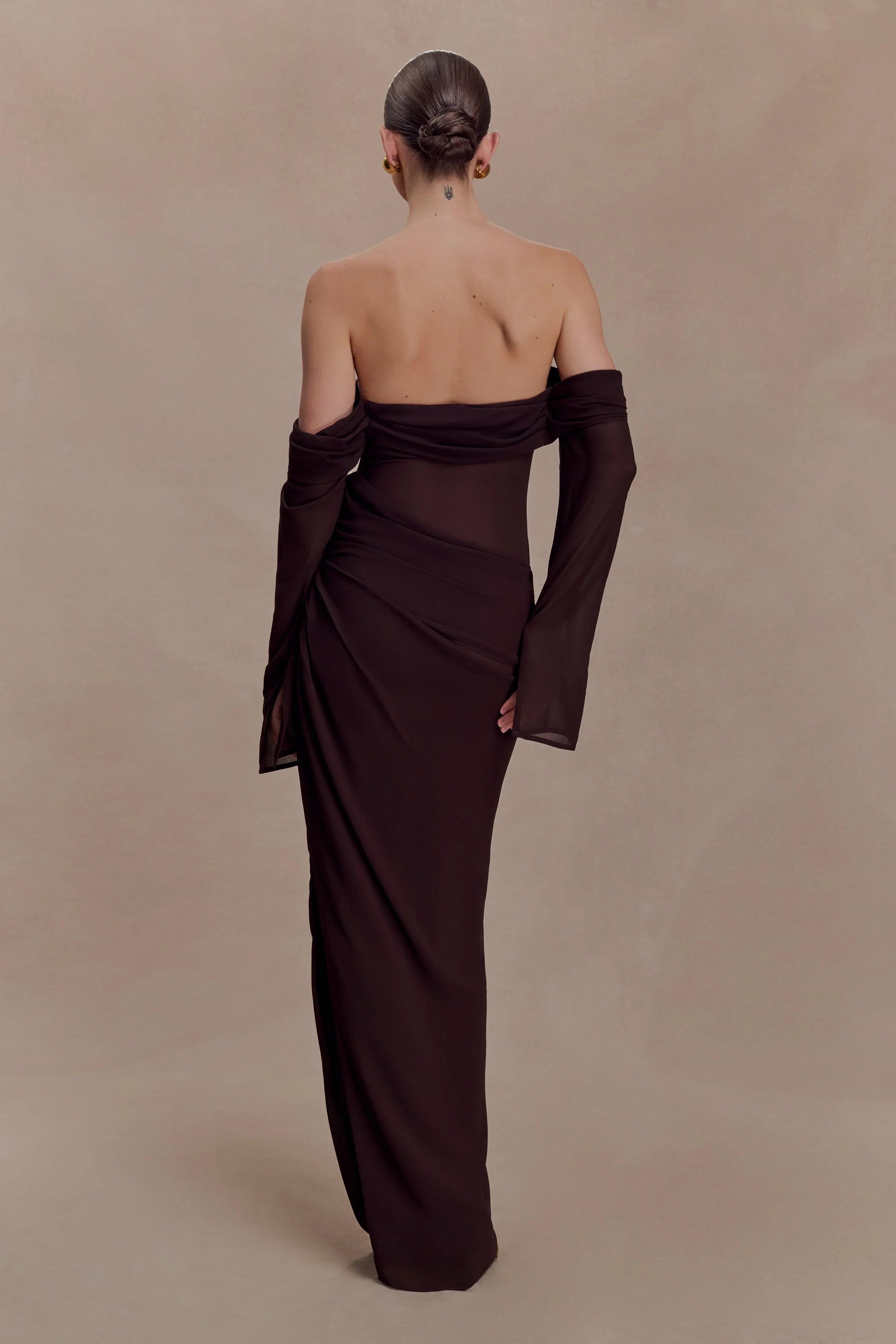 Kirsten Off Shoulder Chiffon Maxi Dress Cacao Brown