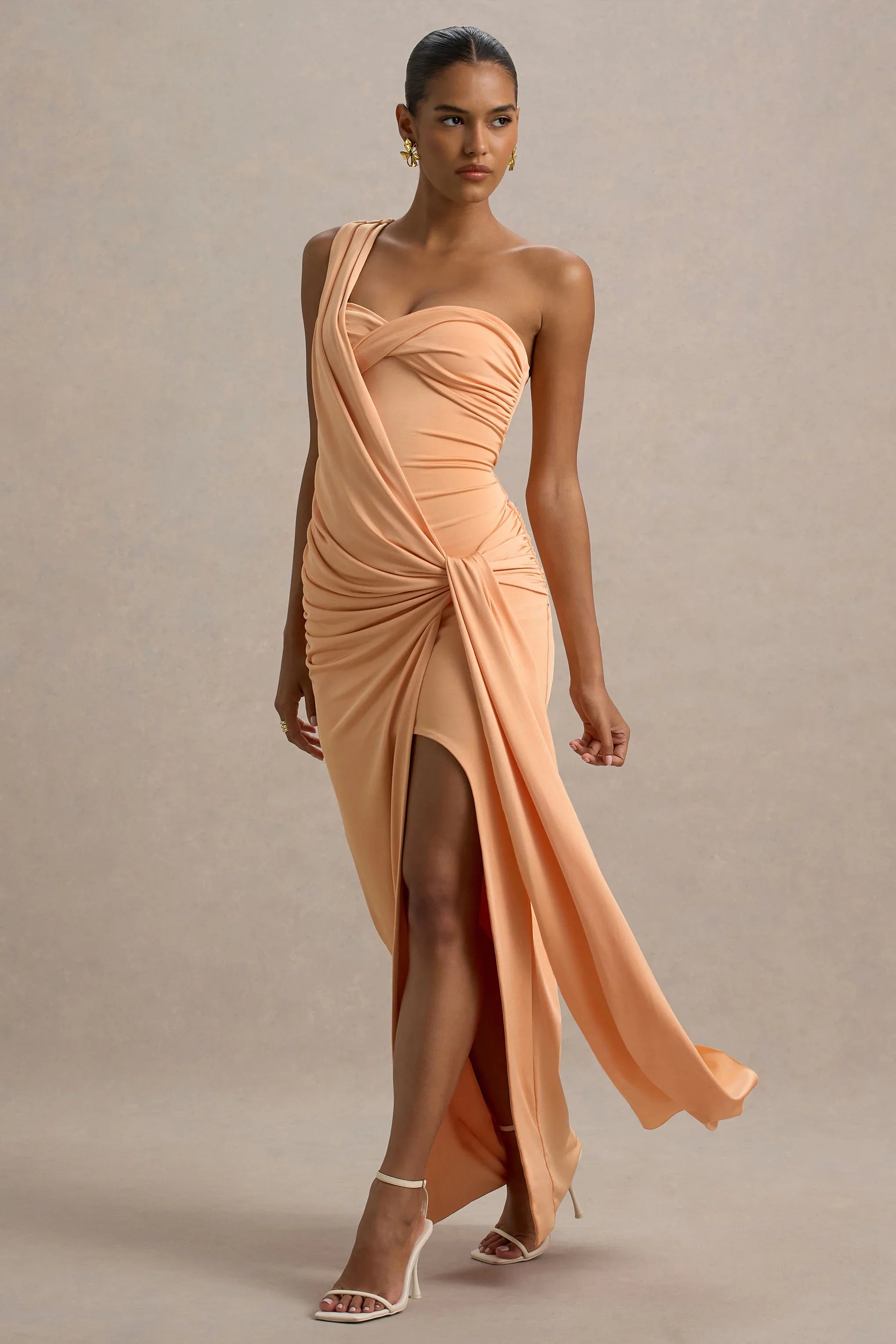 Erminia Peach One Shoulder Twist Wrap Maxi Dress