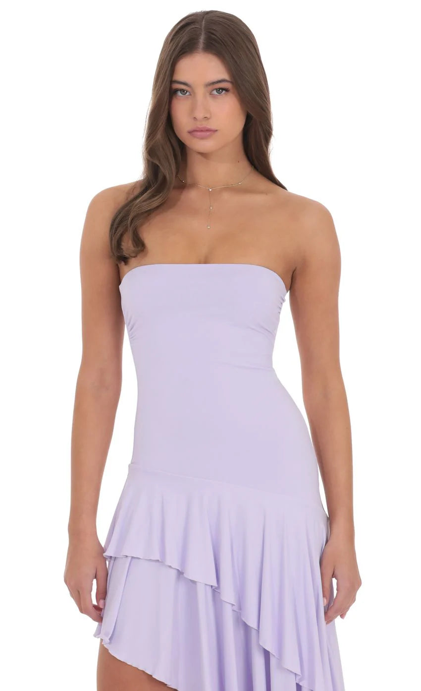 Strapless Ruffle Asymmetrical Maxi Dress in Lavender