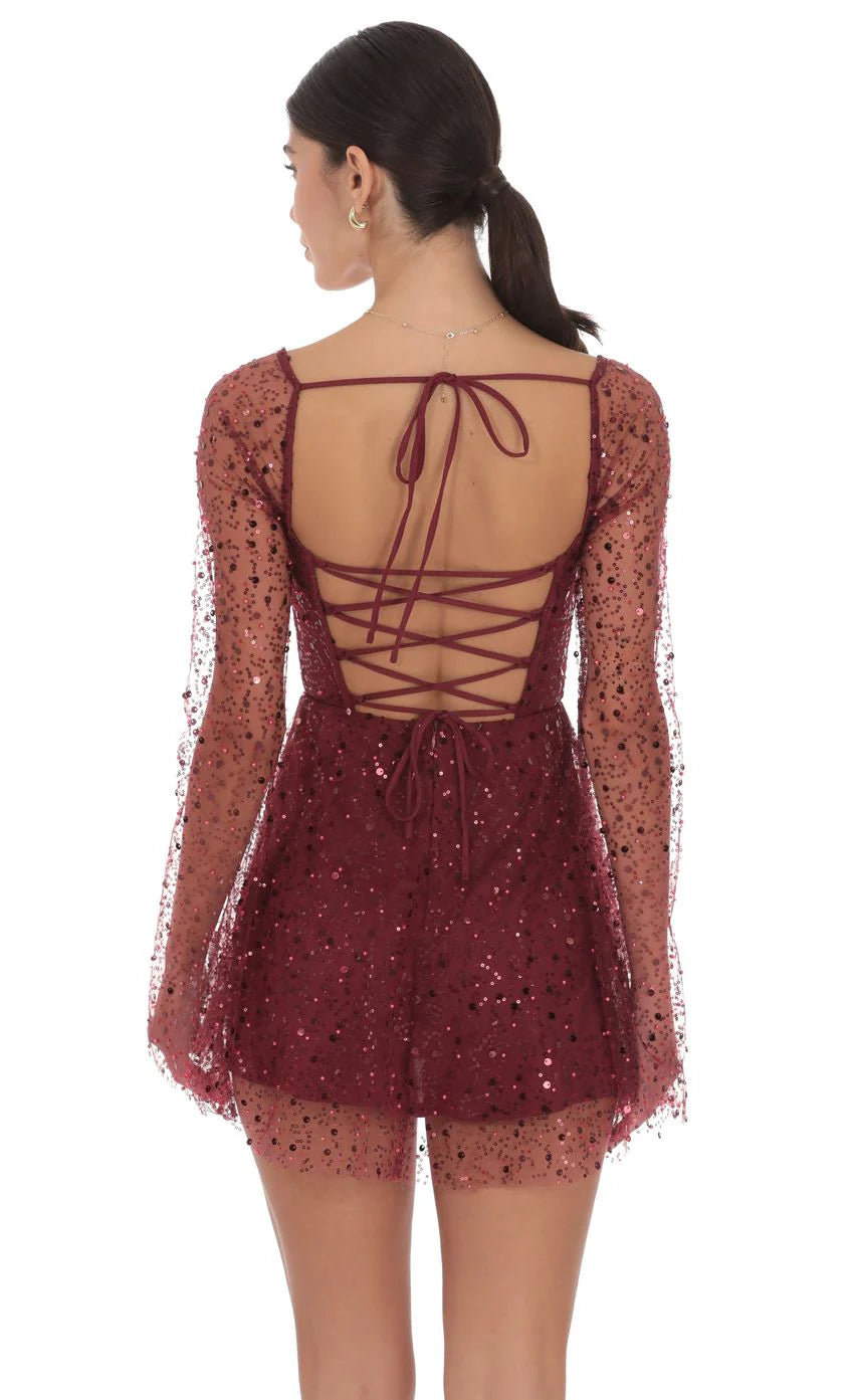 Sequin Beaded Long Sleeve Fit and Flare Dress in Burgundy