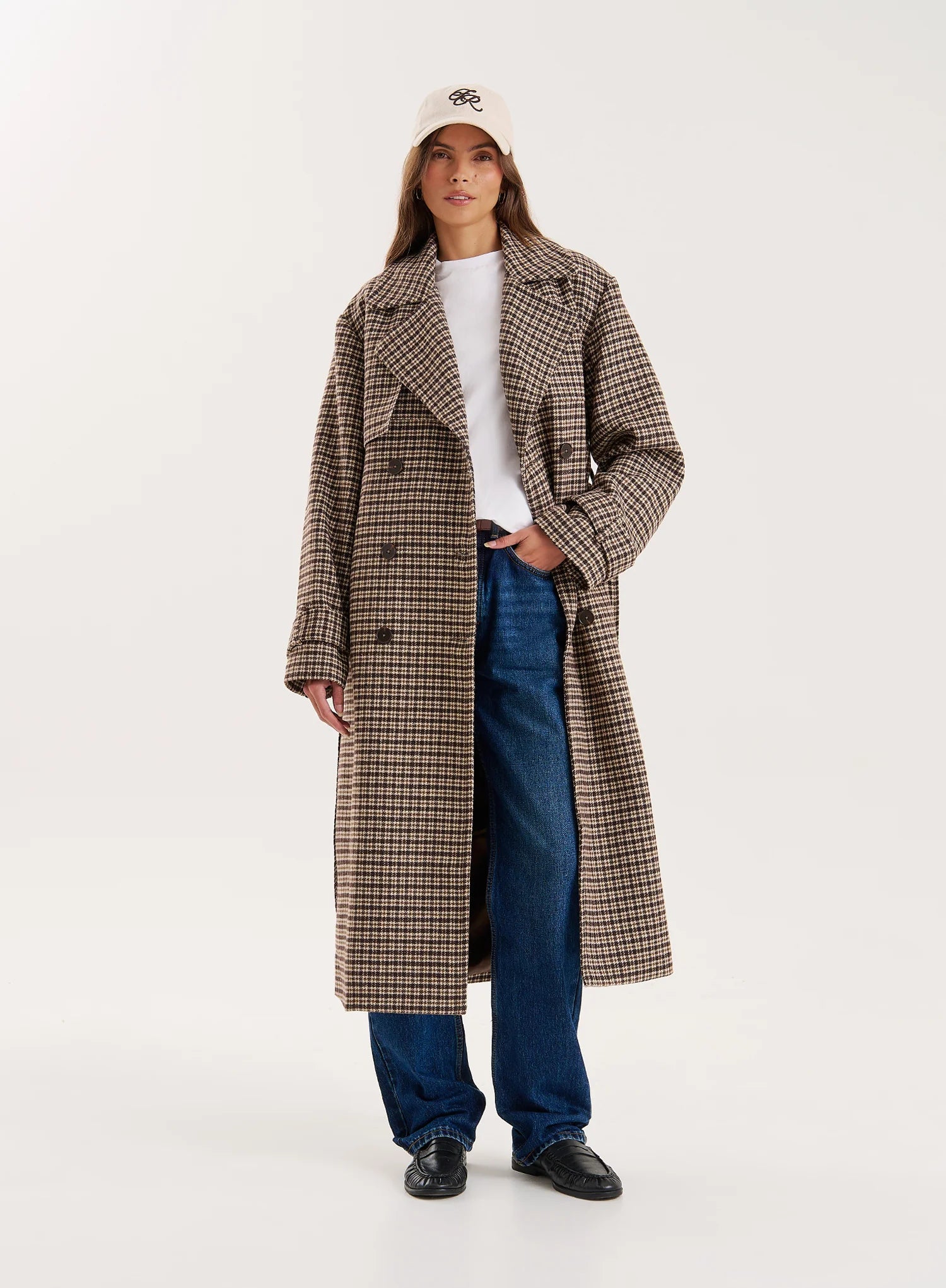 Brown Checked Belted Wool Blend Trench Coat