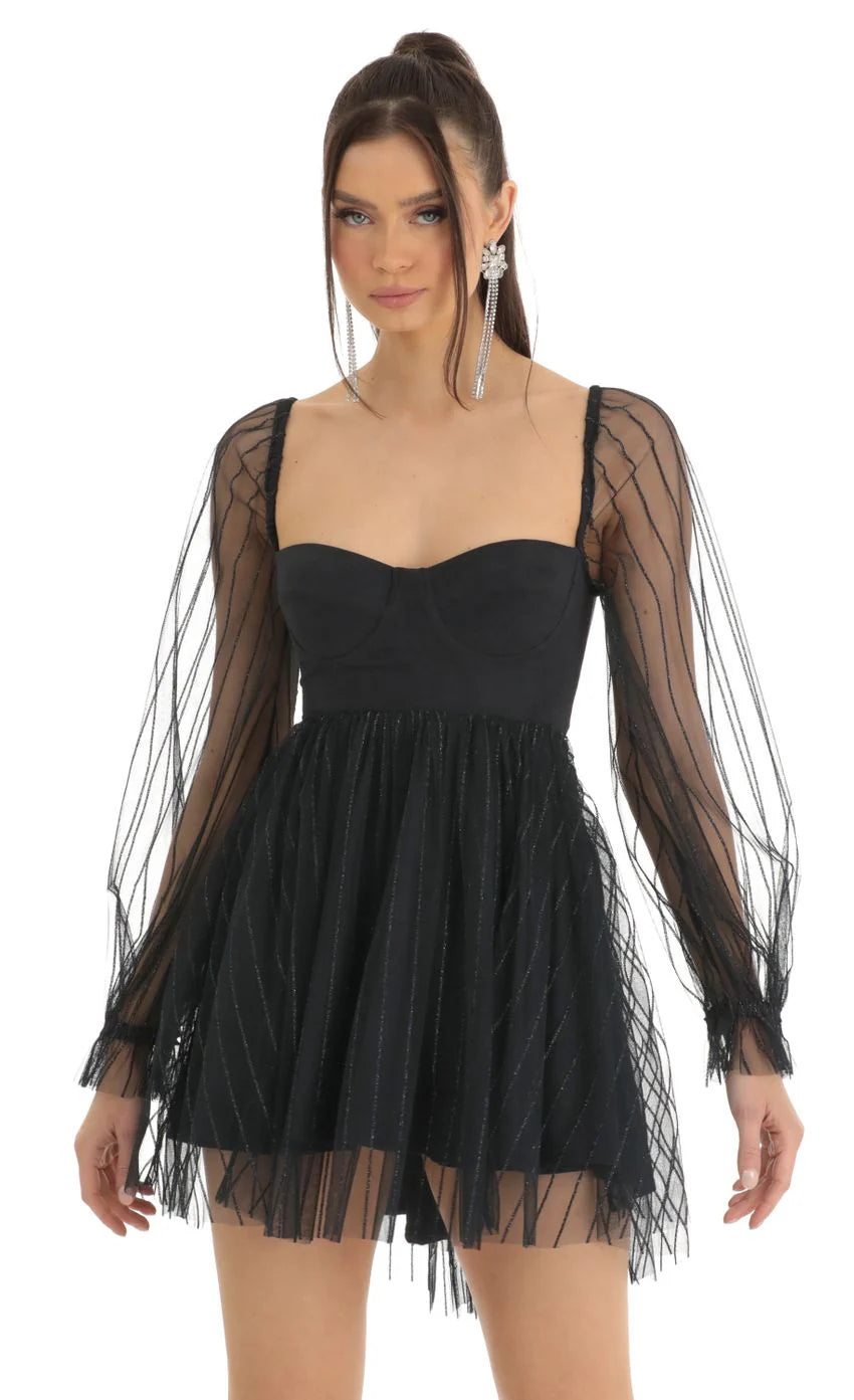 Corset Long Sleeve Striped Dress in Navy