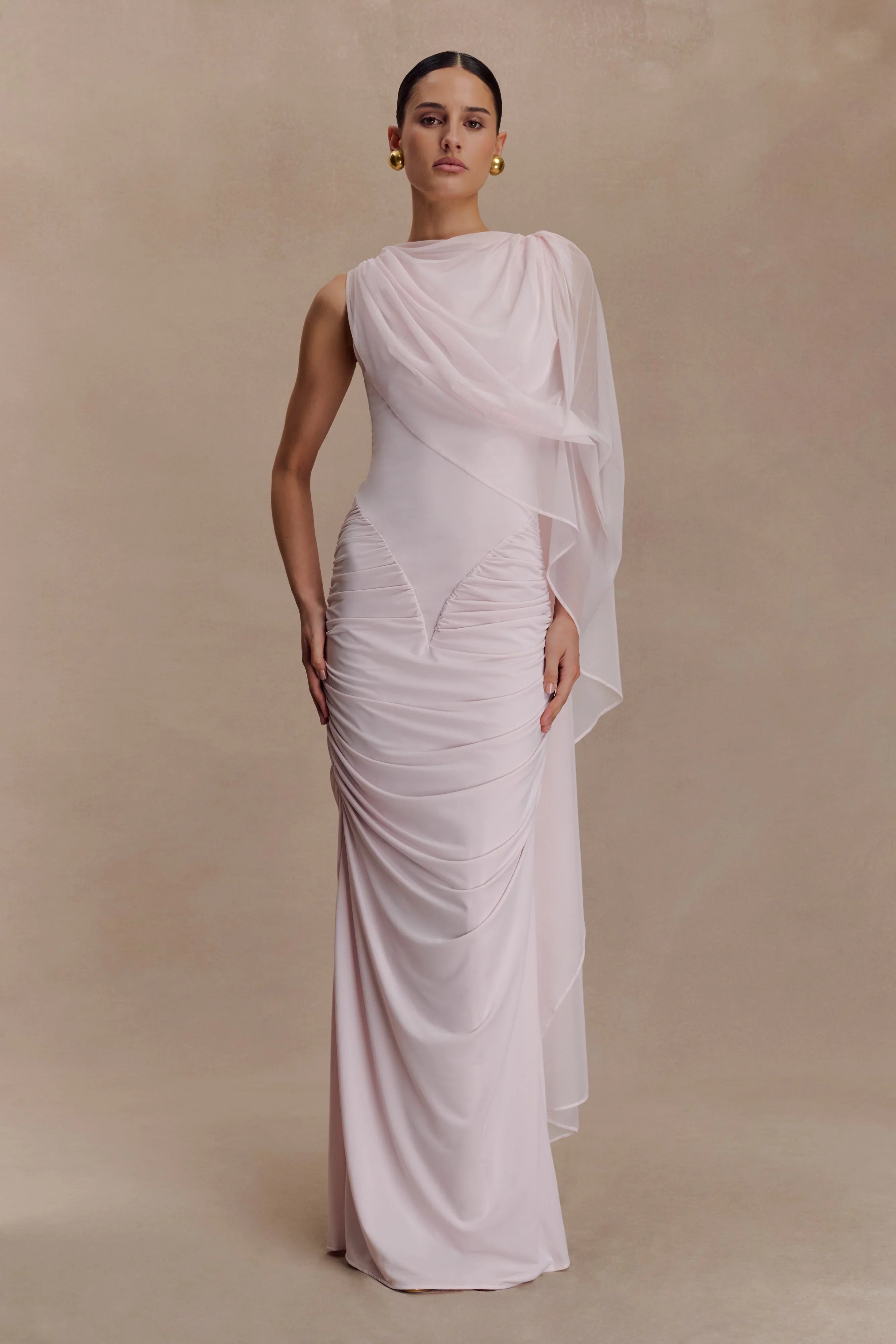 Amandine Ruched Slinky Maxi Dress Pale Pink