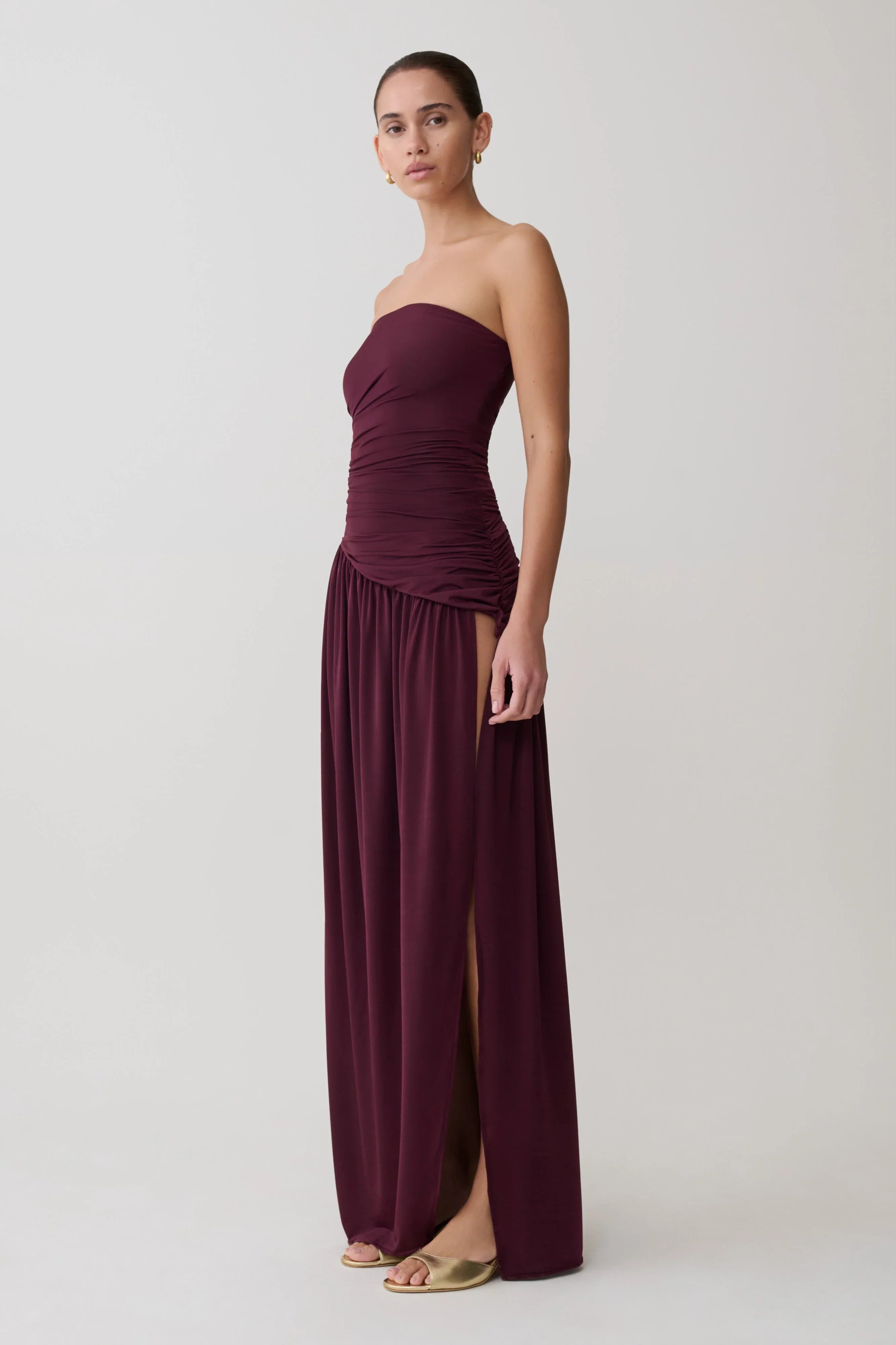 Bex Strapless Slinky Maxi Dress With Split Burgundy