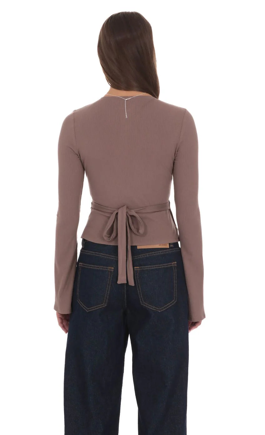 V Neck Overlap Top in Taupe