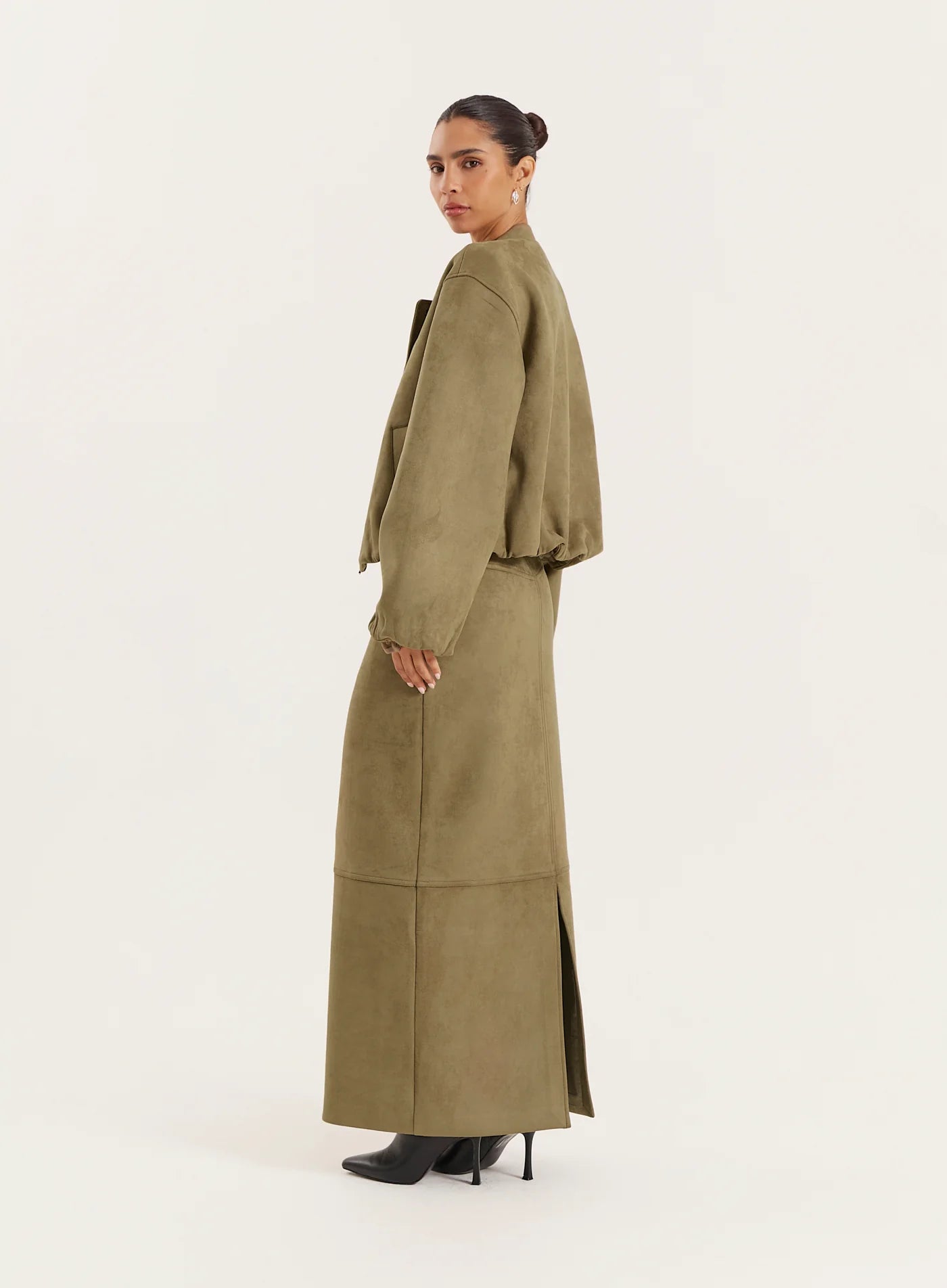 Olive Faux Suede Bomber Jacket