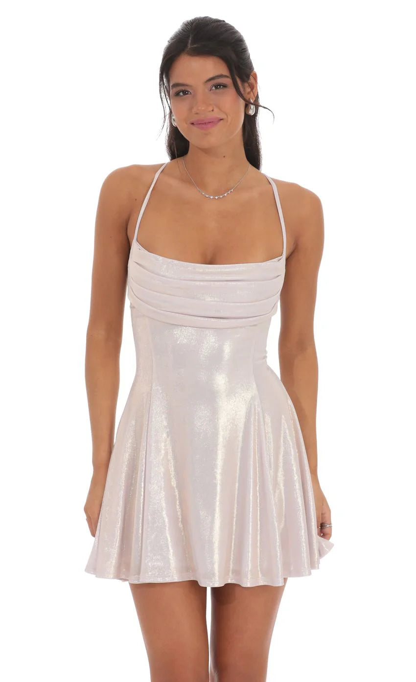 Metallic Draped A Line Dress in Rose Gold