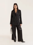 Black Pleated Waistband Wide Leg Satin Trousers
