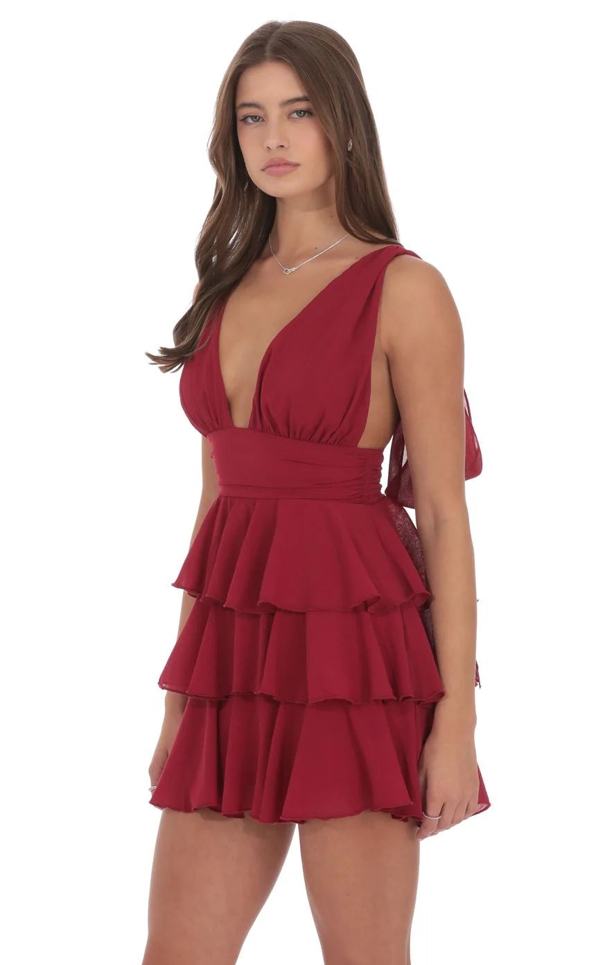 Plunge Neck Ruffle Dress in Maroon
