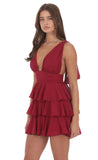 Plunge Neck Ruffle Dress in Maroon