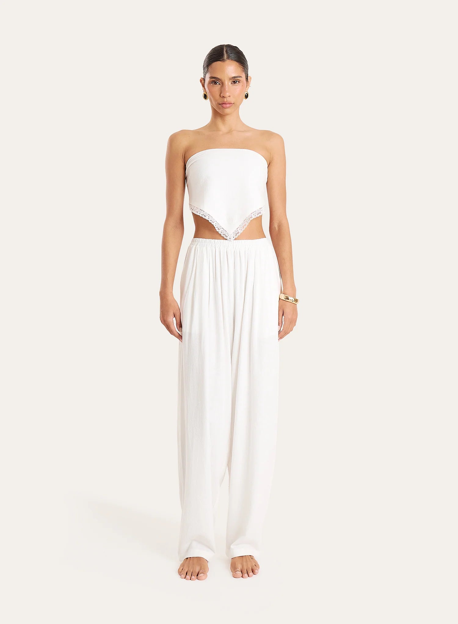 White Linen Blend Tie Back Bandeau Crop Scarf Top