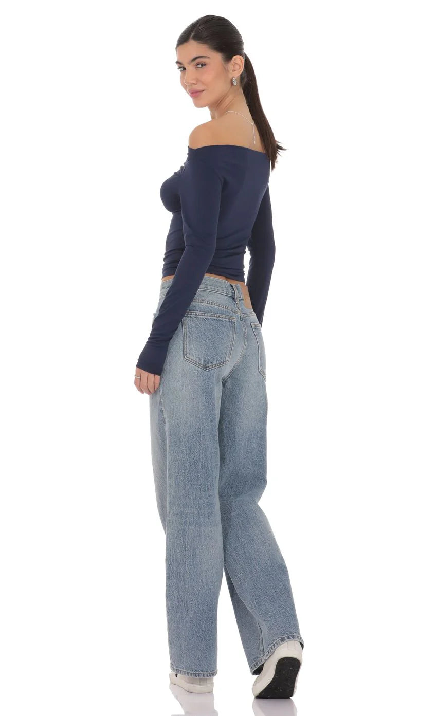 Ruched Off Shoulder Top in Navy