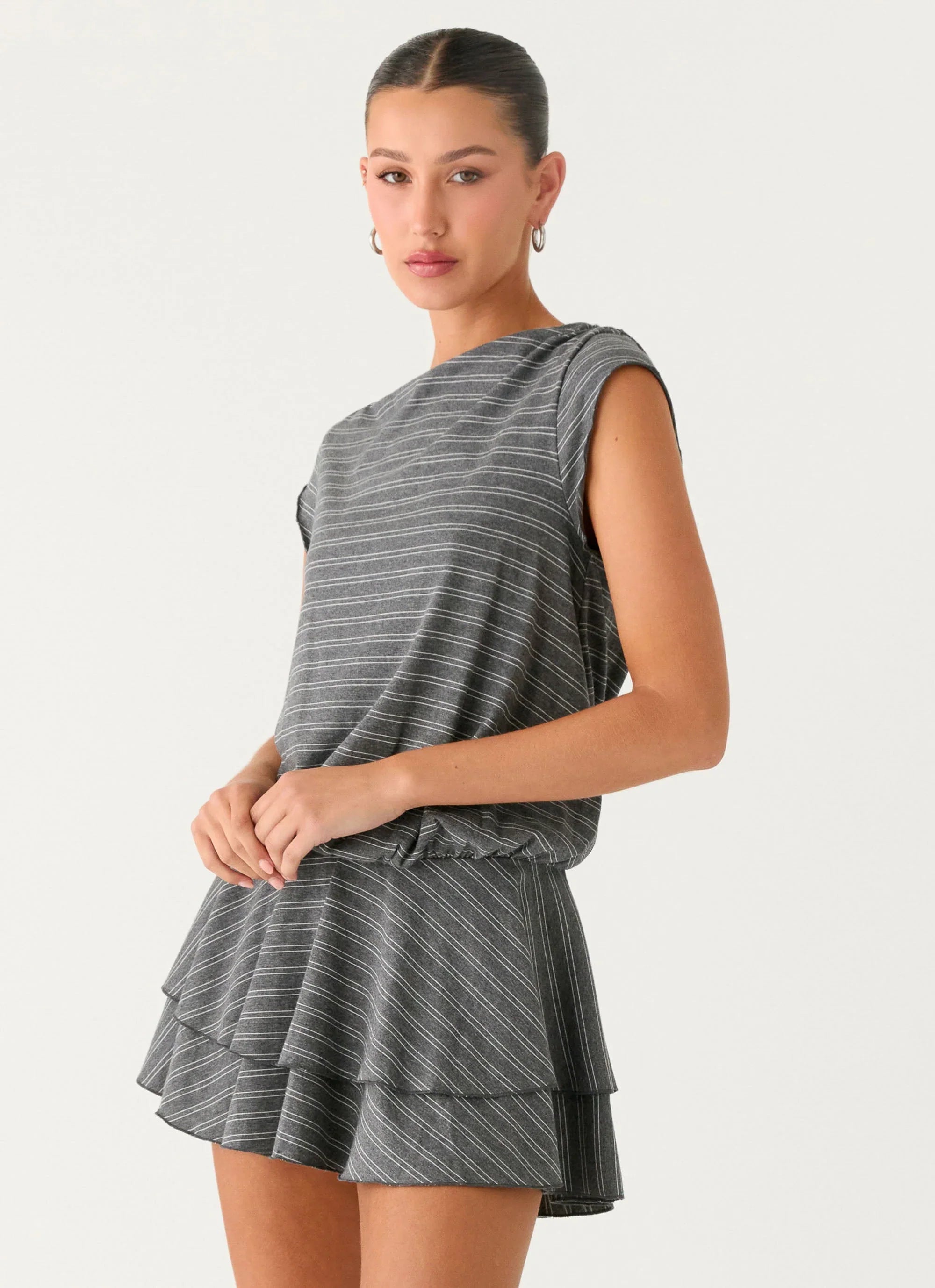 Bambola Wide Neck Mini Dress Grey Marle Stripe