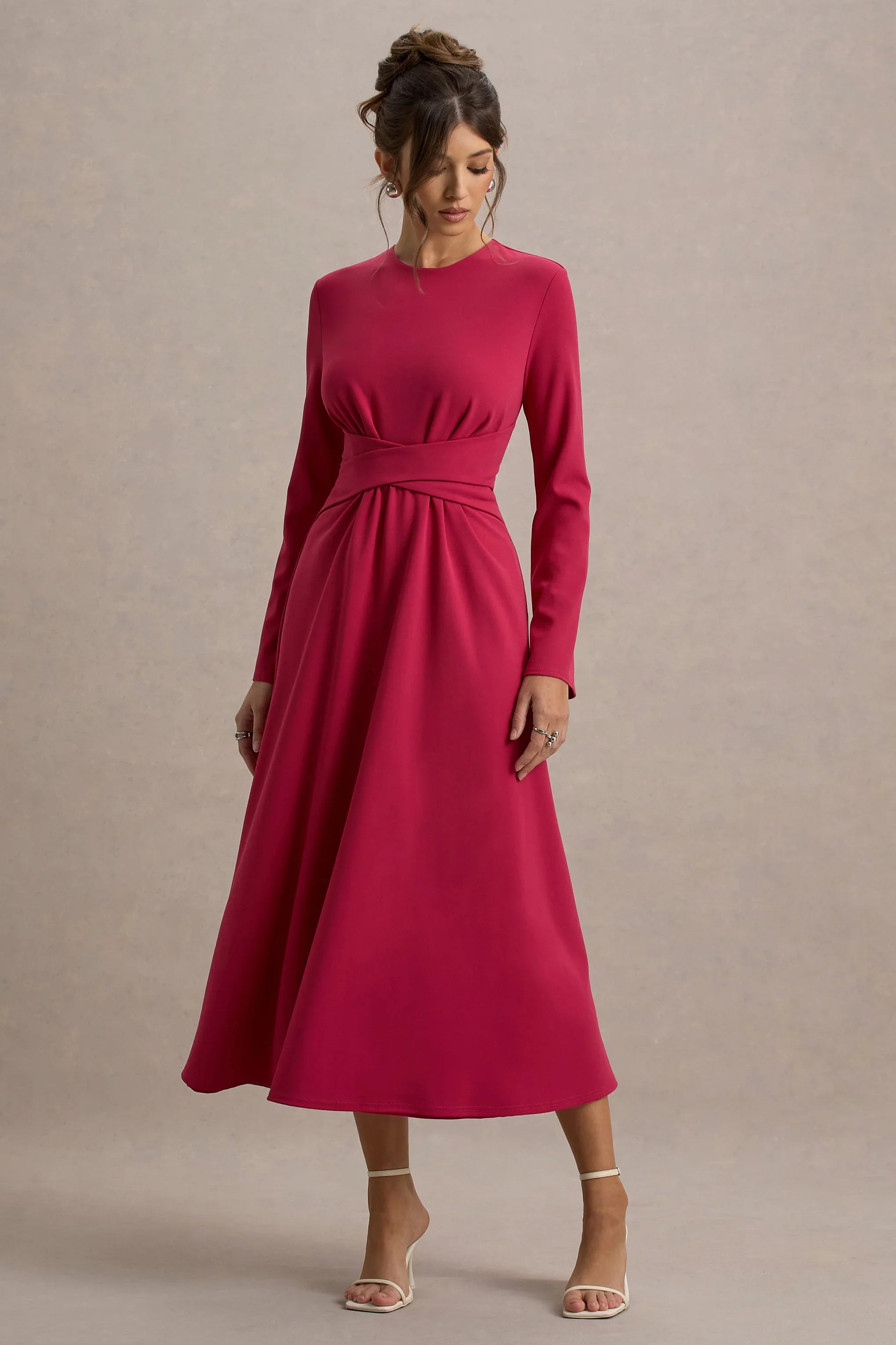 Cassiopeia Lemon Long Sleeve Midi Dress With Cross Waist