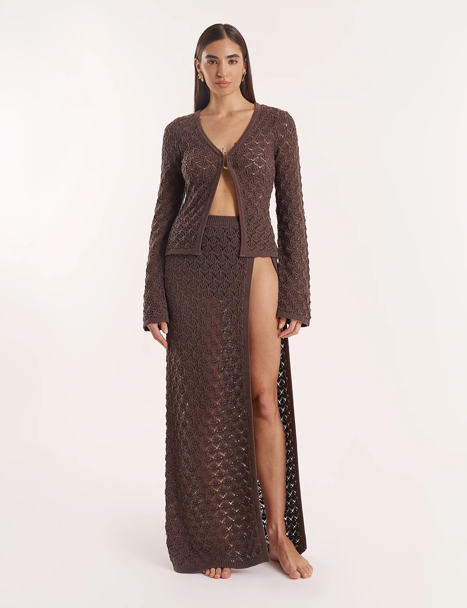 Chocolate Brown Crochet Long Sleeve Top
