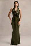 Lavernia Olive Velvet Halter Neck Maxi Dress With Gathered Detailing