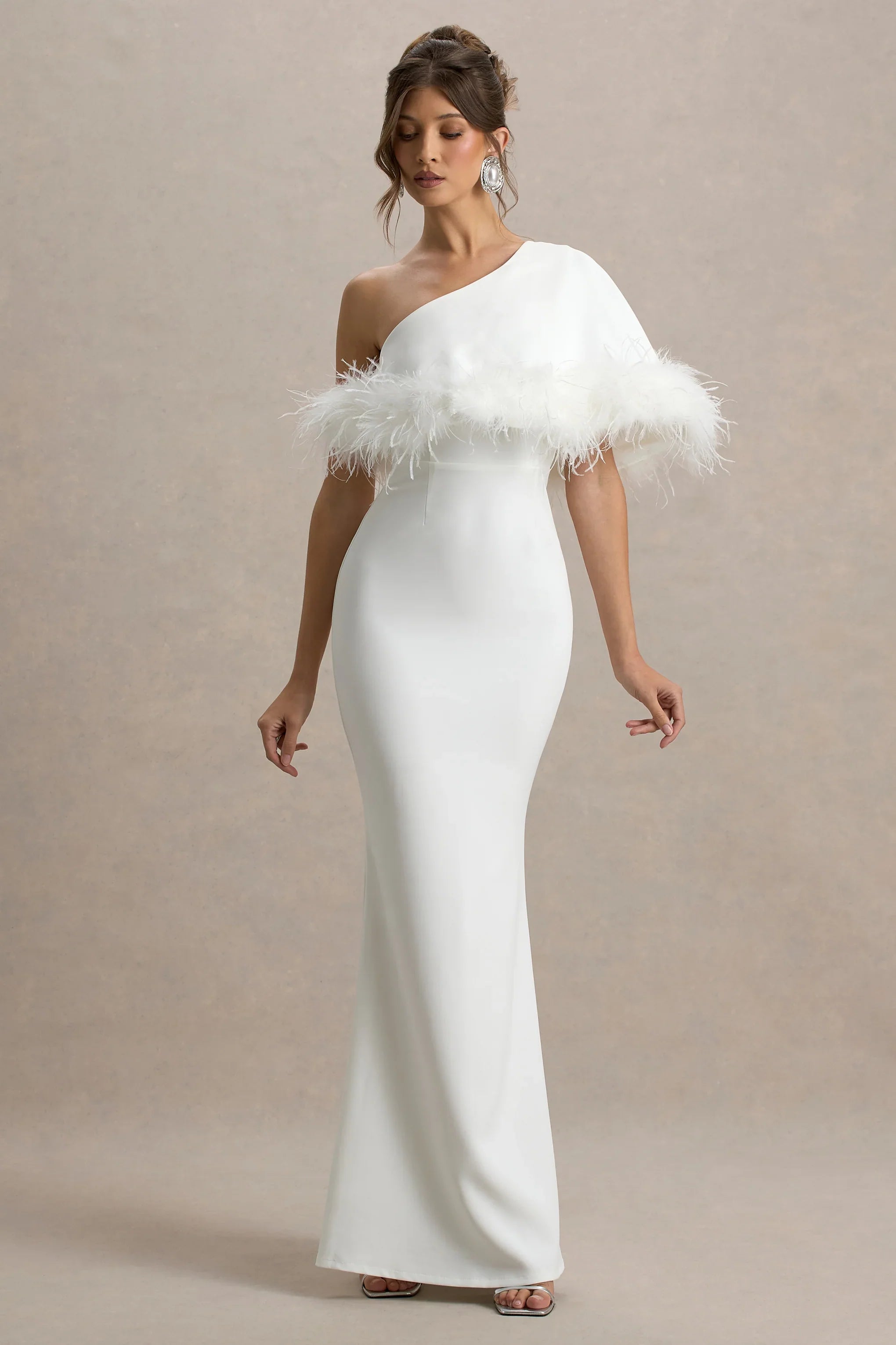 Valor White Asymmetric Maxi Dress With Feather Trim