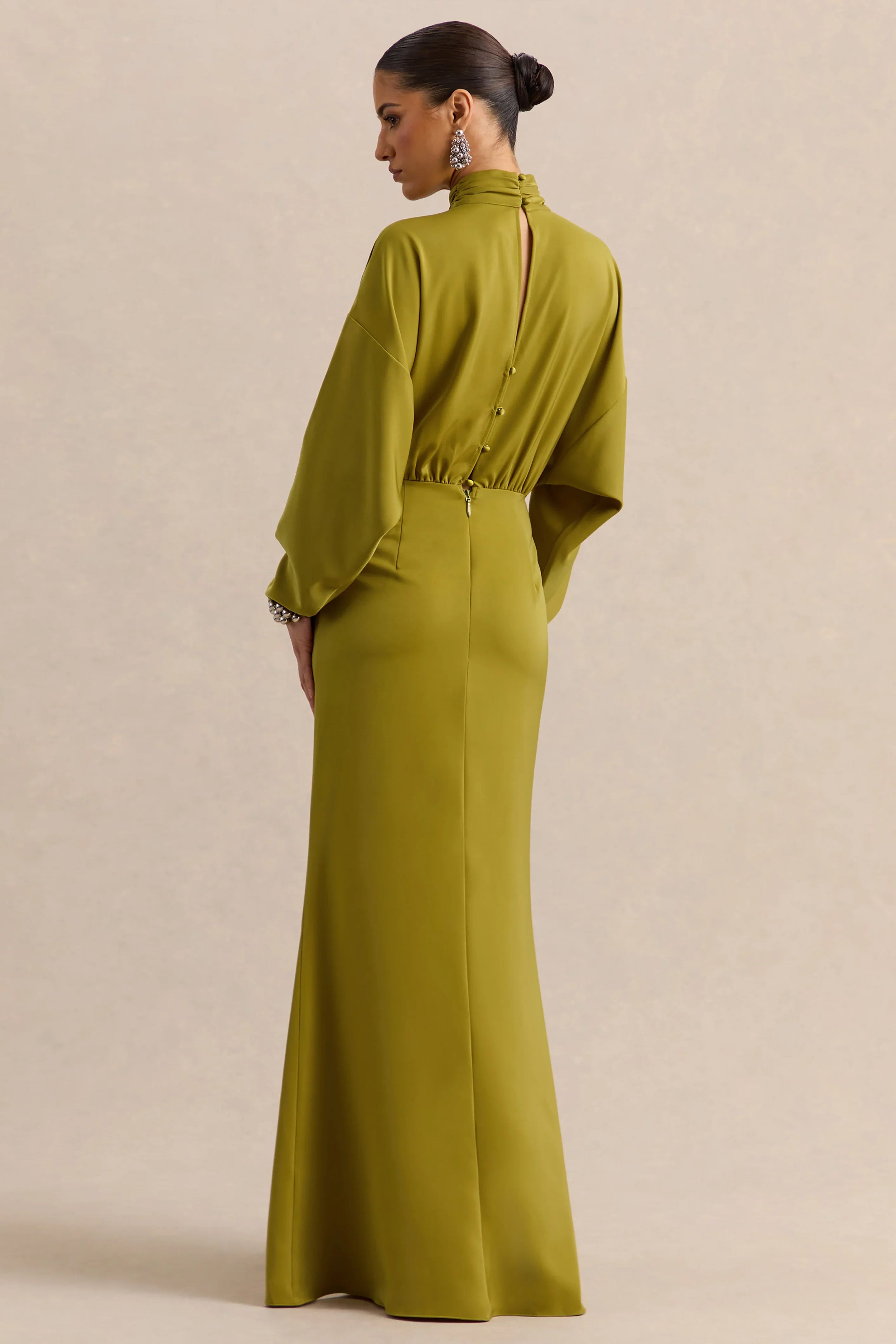 Perla Olive High Neck Maxi Dress With Gathered Detailing