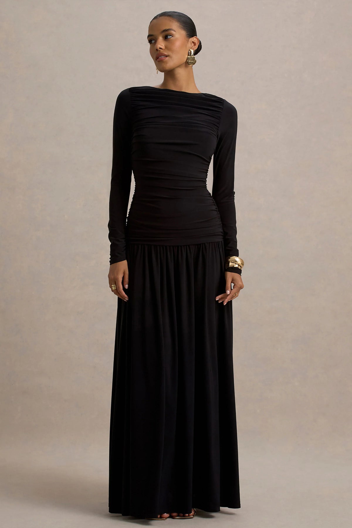 Aniyah Black High Neck Maxi Dress With Ruched Detailing