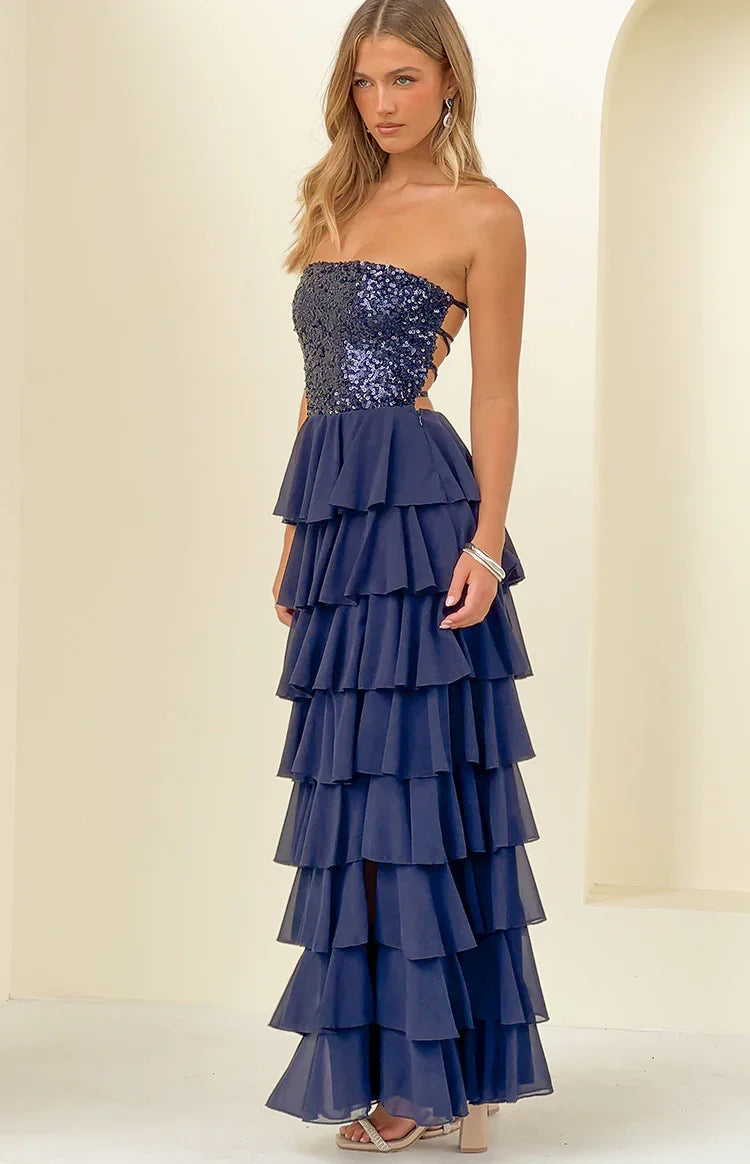 Kimberley Navy Strapless Ruffle Skirt Maxi Dress