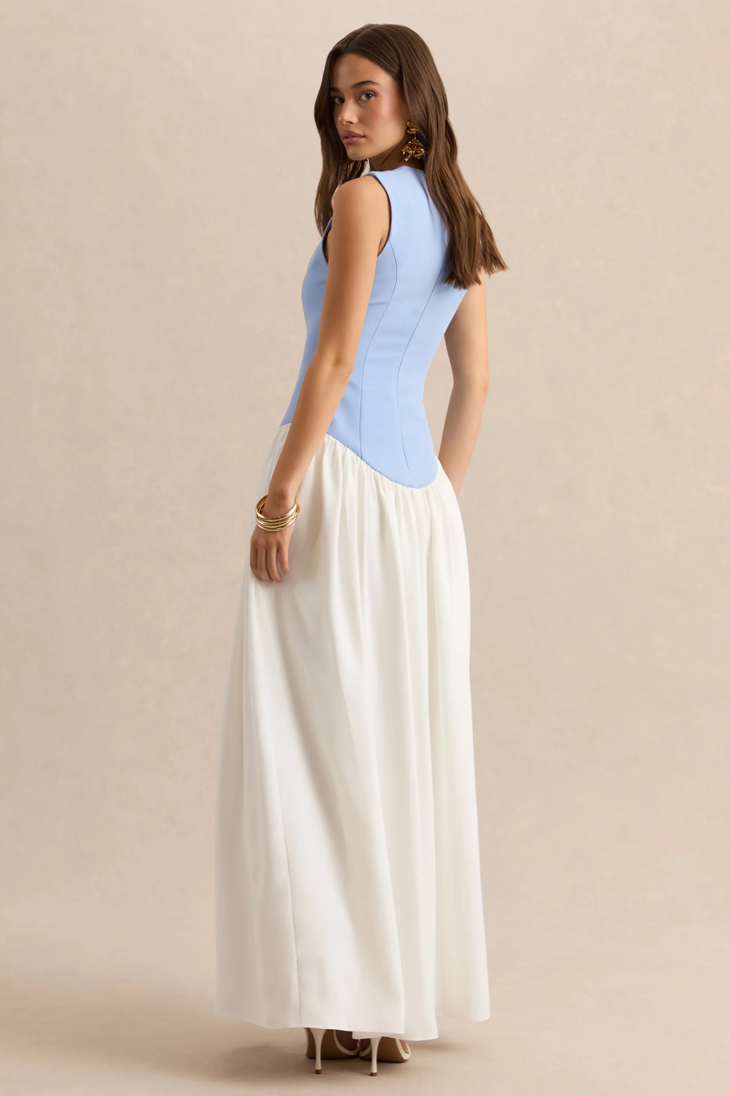 Iliana Powder Blue And White Crew Neck Maxi Dress With Drop Waist And Pleated Skirt