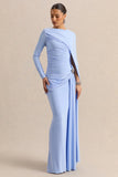 Orintha Powder Blue Wide Neck Maxi Dress With Cape And Gold Detail