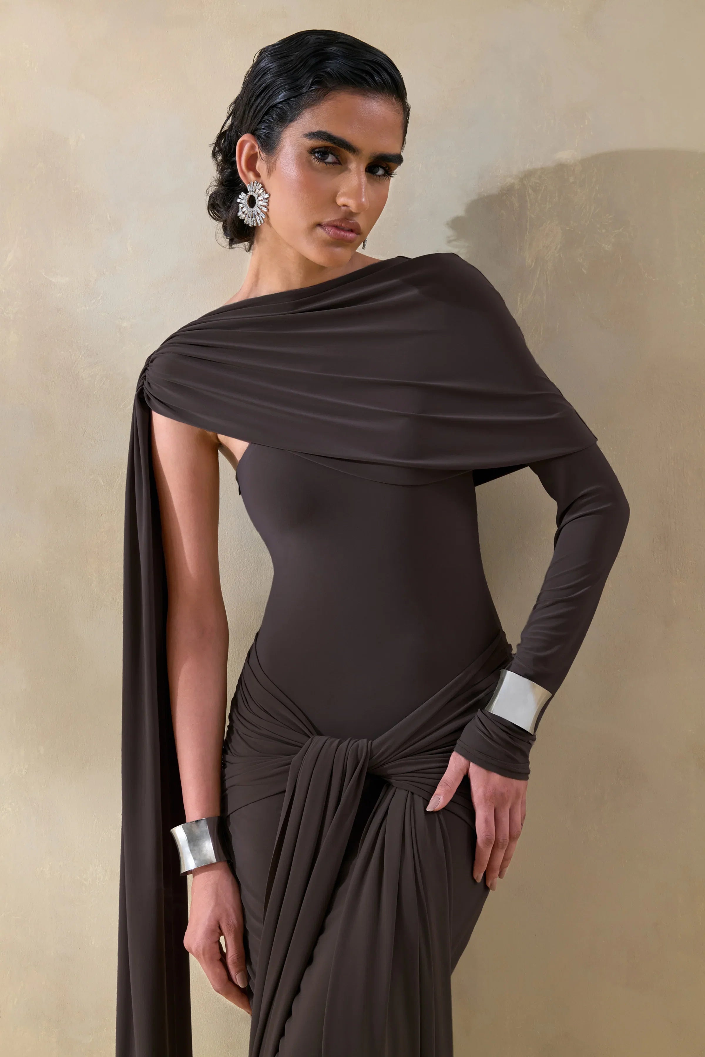Trisara Brown Asymmetric Neck Maxi Dress With Gathered Detailing And Sash