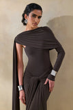 Trisara Brown Asymmetric Neck Maxi Dress With Gathered Detailing And Sash