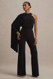 Asra Black High Neck Flared Leg Jumpsuit With Cape Sleeve