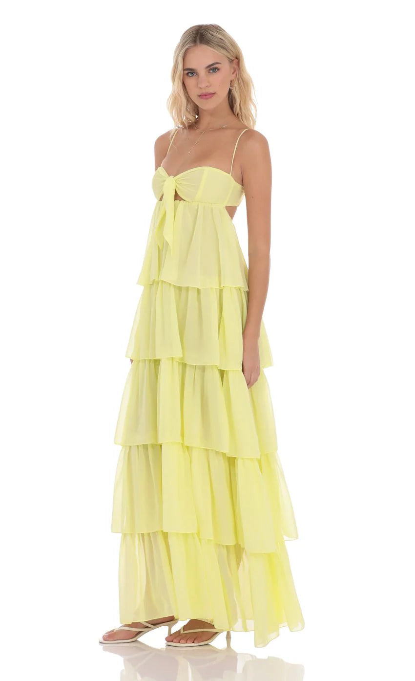 Ruffle Front Tie Maxi Dress in Yellow