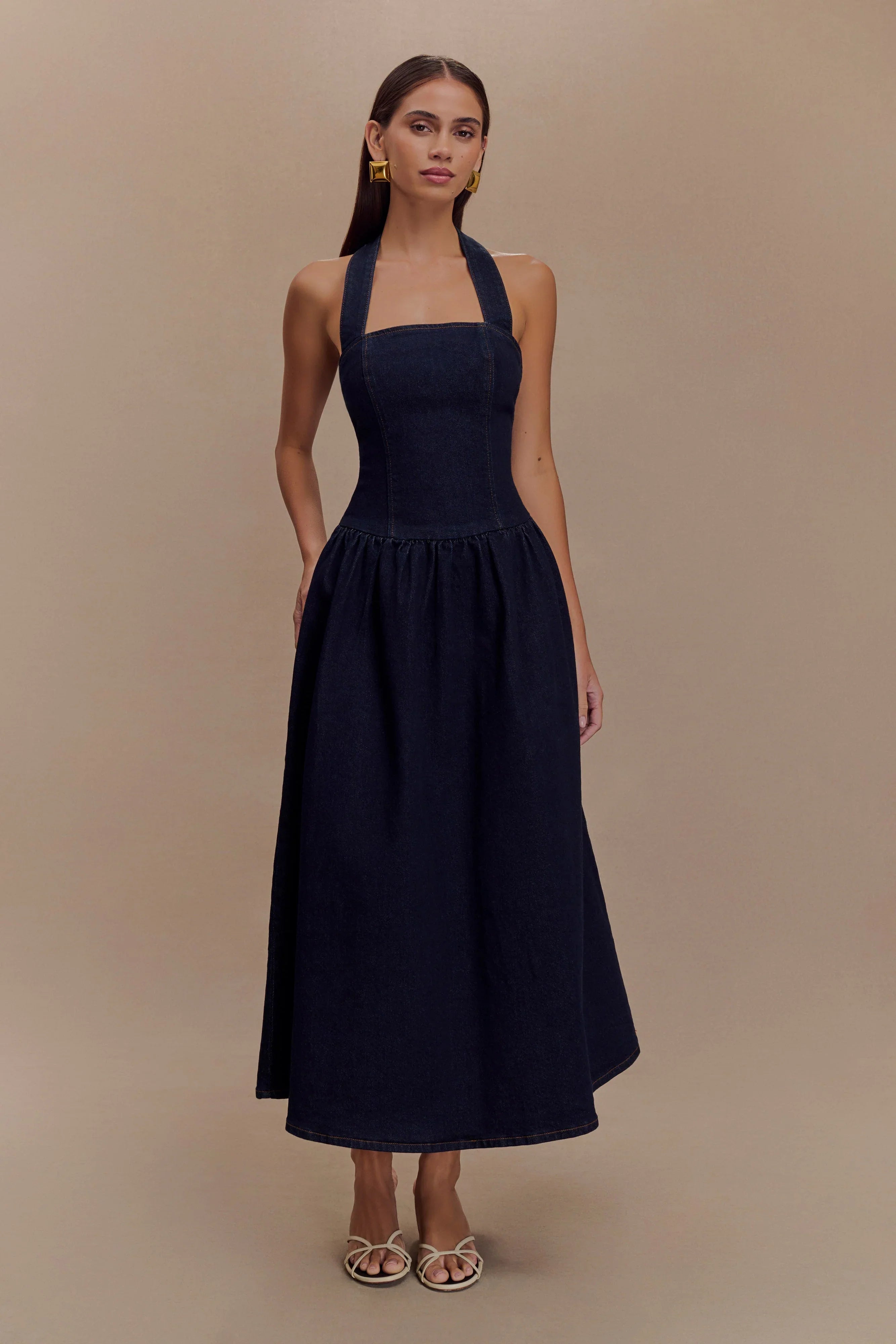 Caroline Denim Halter Midi Dress Indigo Blue