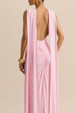 Premiere Light Pink Boat Neck Maxi Dress With Cape Sleeves And Open Back