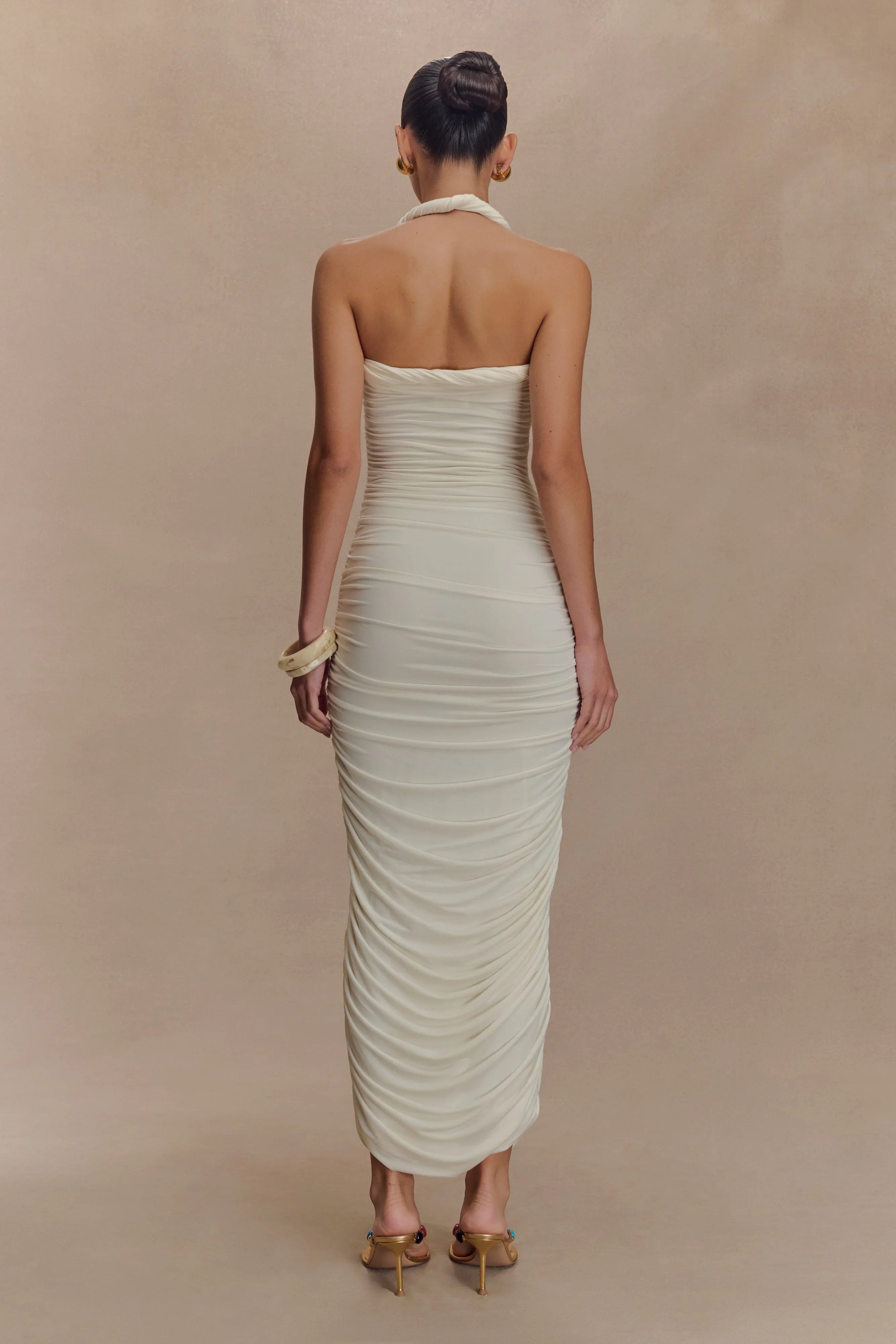 Camila Ruched Halter Midi Dress Ivory