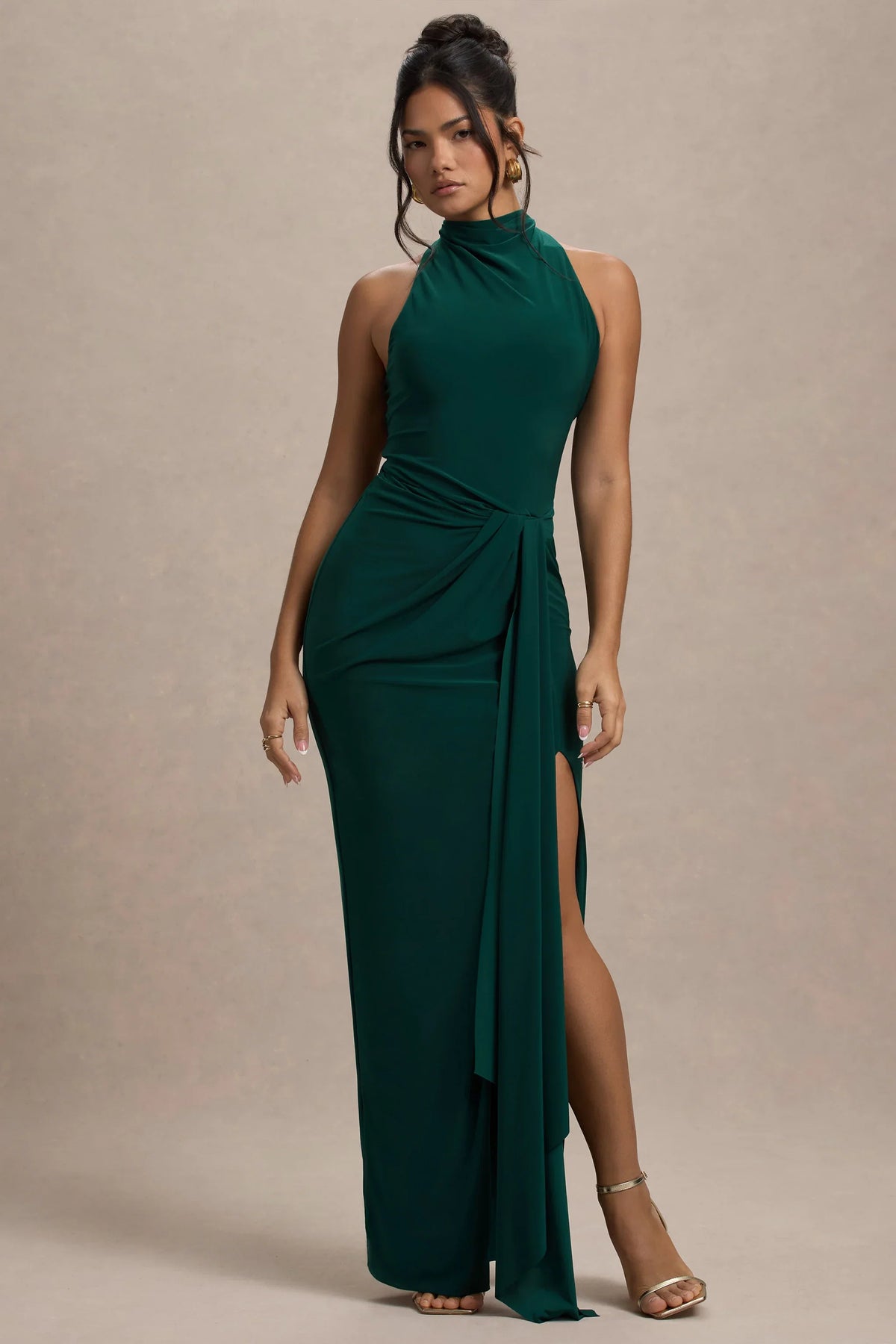 Khari Bottle Green High Neck Twisted Maxi Dress With Drape