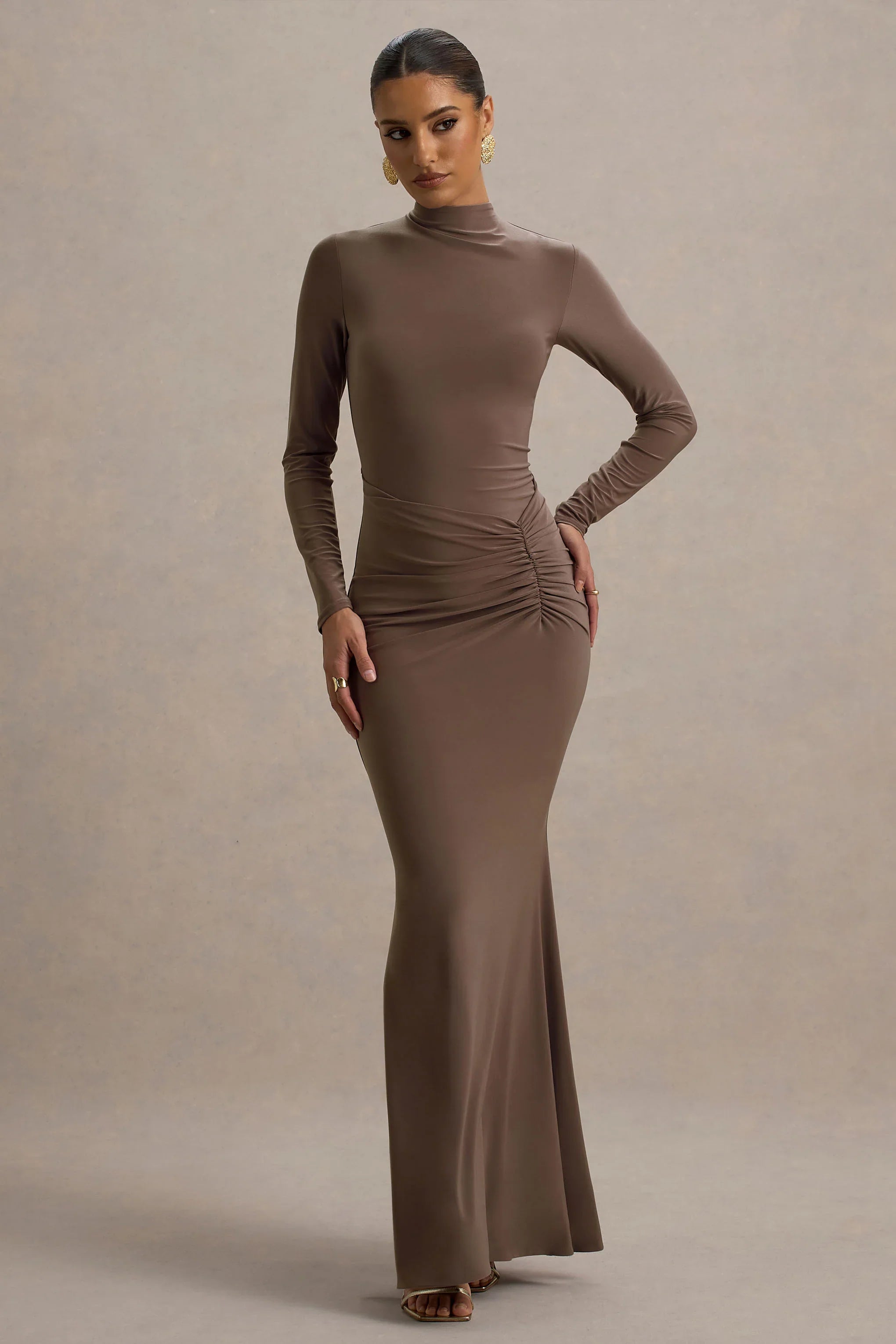 Reid Brown Long Sleeve Gathered Maxi Dress