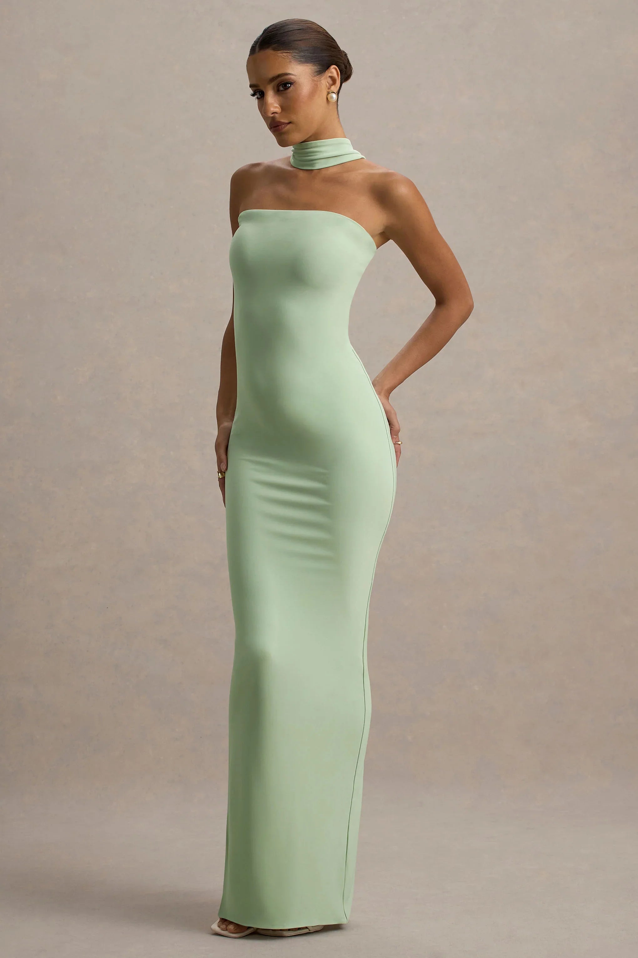 Nobu Light Green Bandeau Maxi Dress With Halter Collar