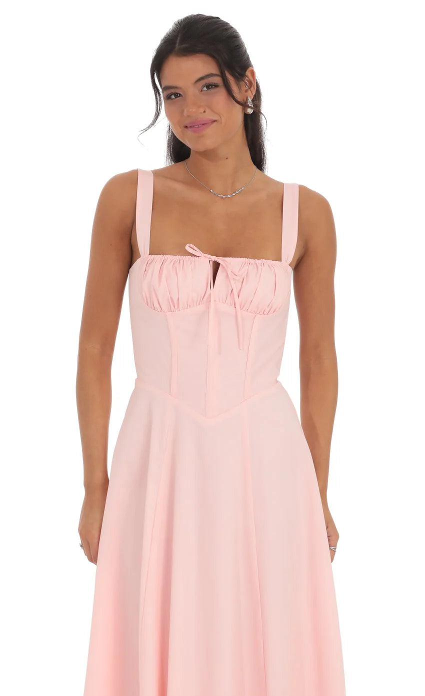 Ruched Corset Midi Dress in Pink
