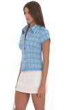 Plaid Button Up Ruffle Top in Blue