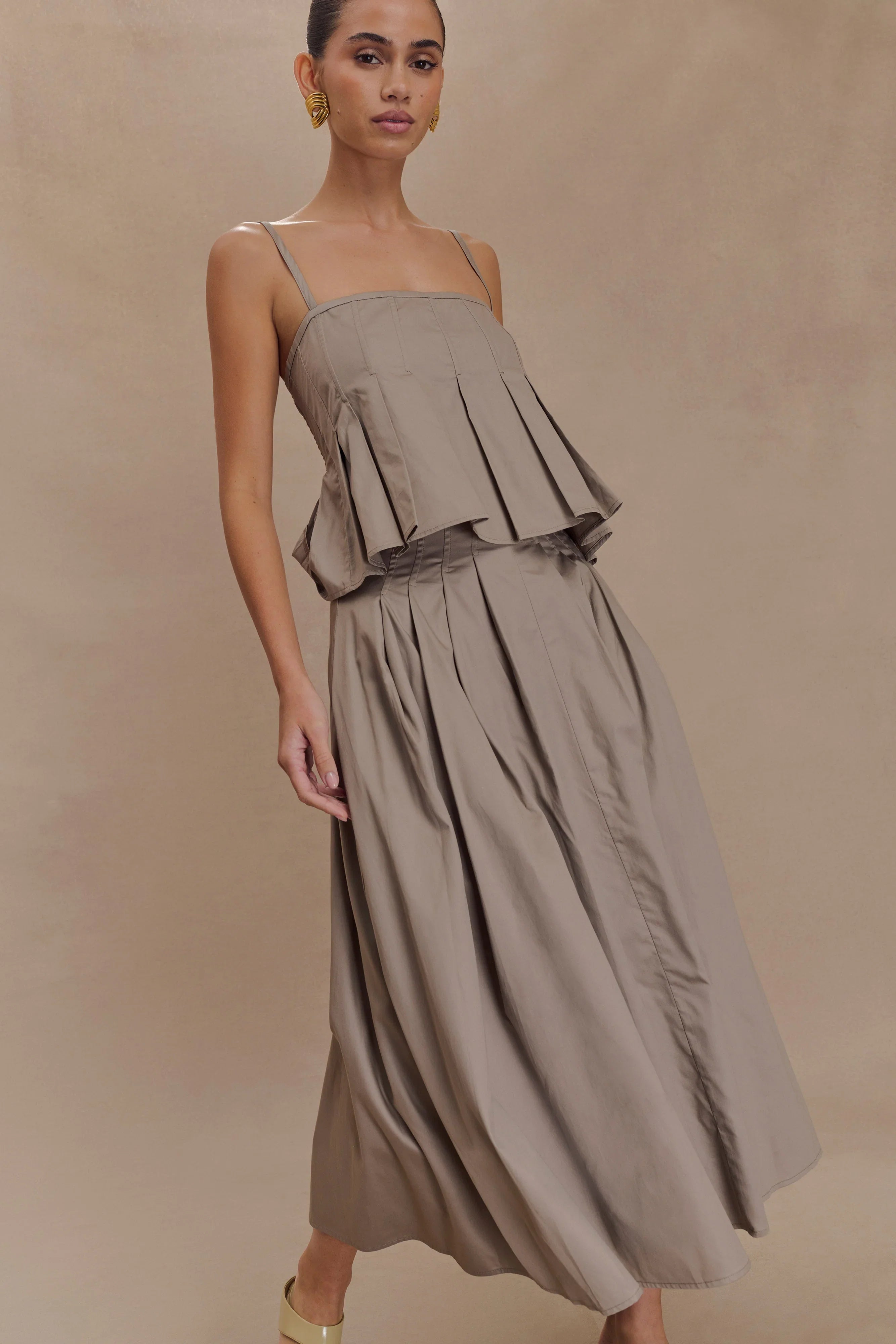 Mae A Line Midi Skirt Pebble Brown