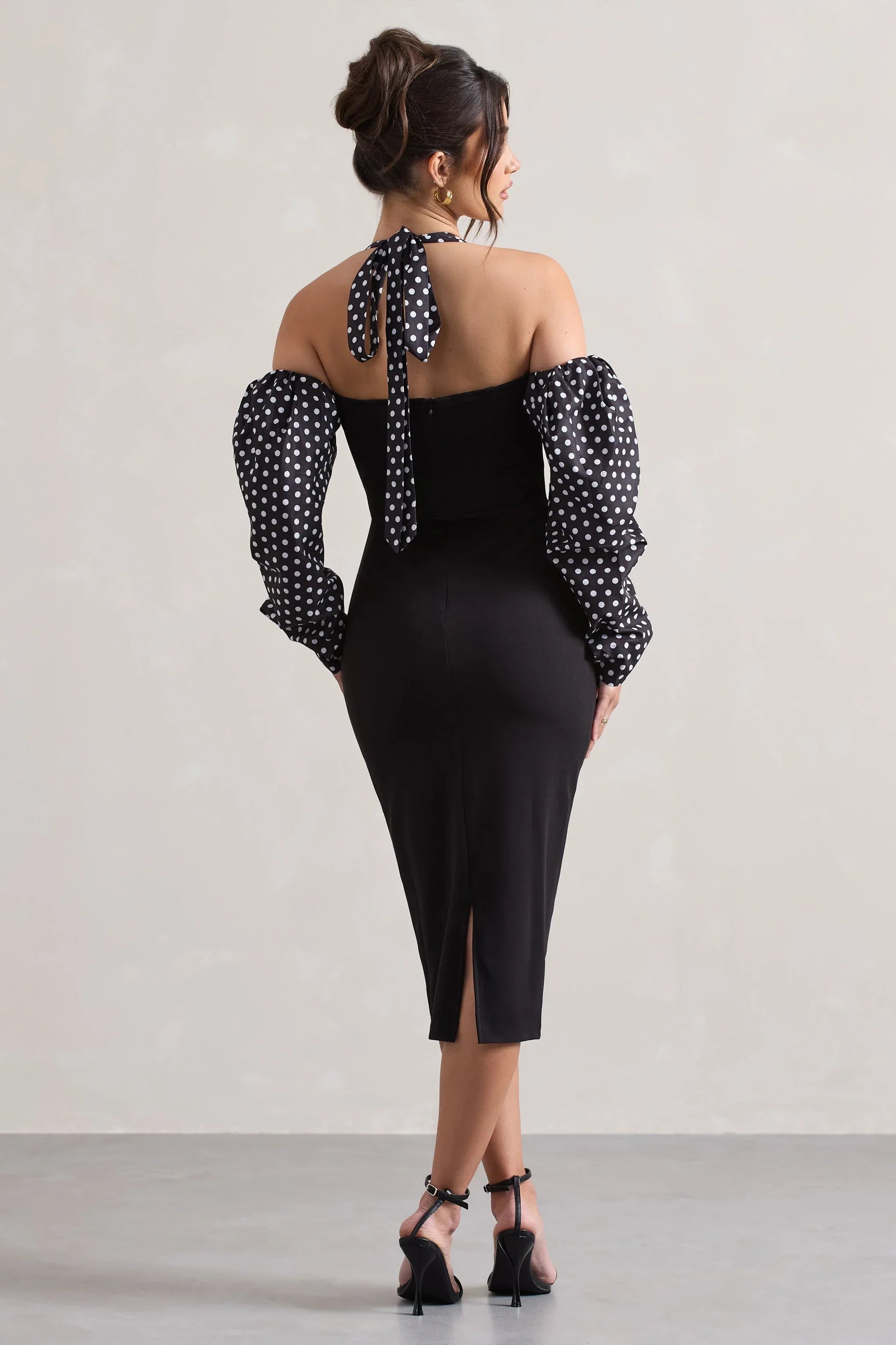 Couture Client Black White Polka Dot Halter Neck Puff Sleeve Midi Dress