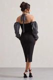 Couture Client Black White Polka Dot Halter Neck Puff Sleeve Midi Dress