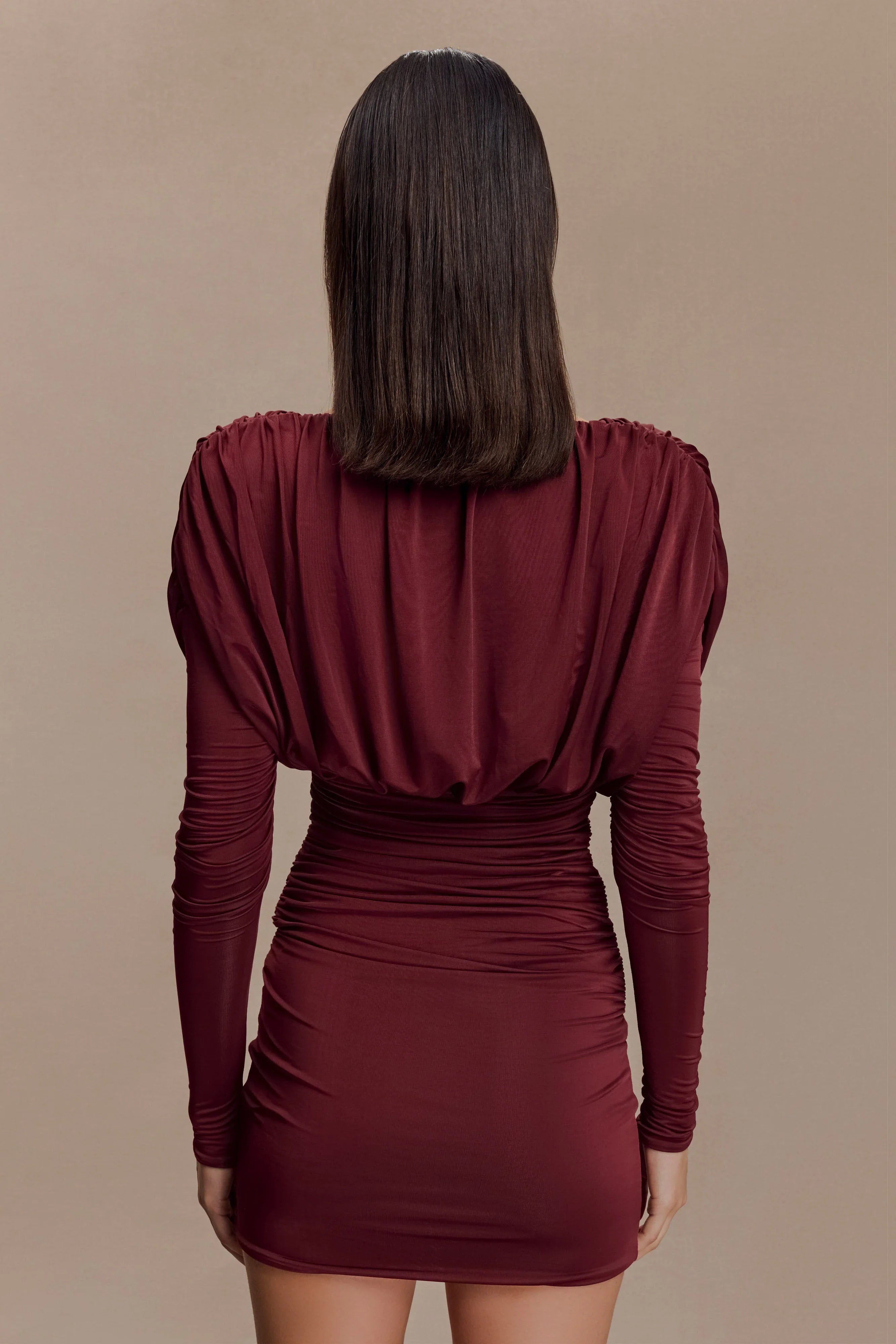 Hayden Long Sleeve Plunge Mini Dress Burgundy