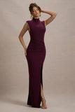 Lanetta Plum Ruched High Neck Maxi Dress With Split