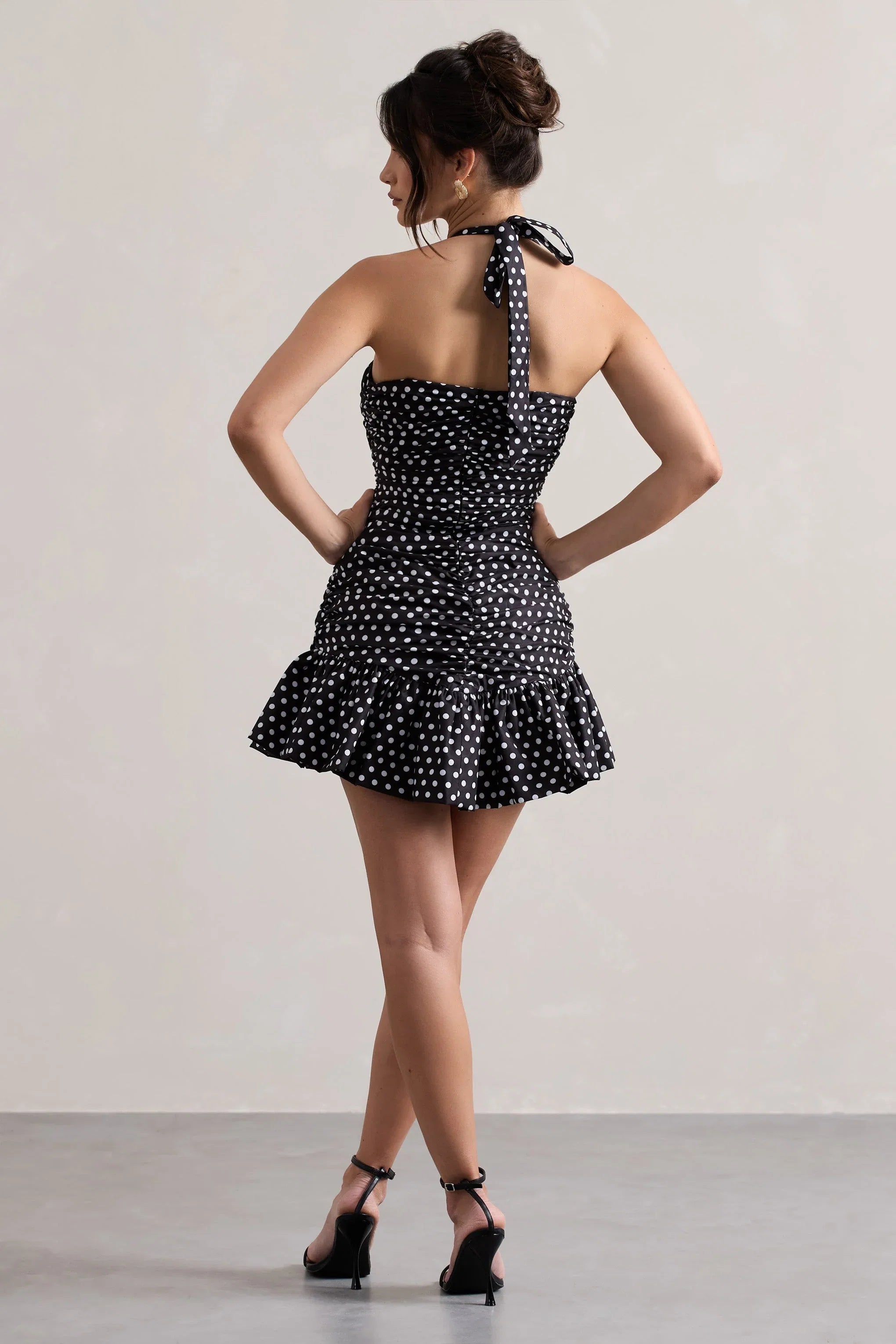 Zahra Black White Polka Dot Halter Neck Ruched Mini Dress With Ruffle Hem