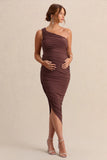 Late Night Brown Maternity Ruched One Shoulder Midi Dress
