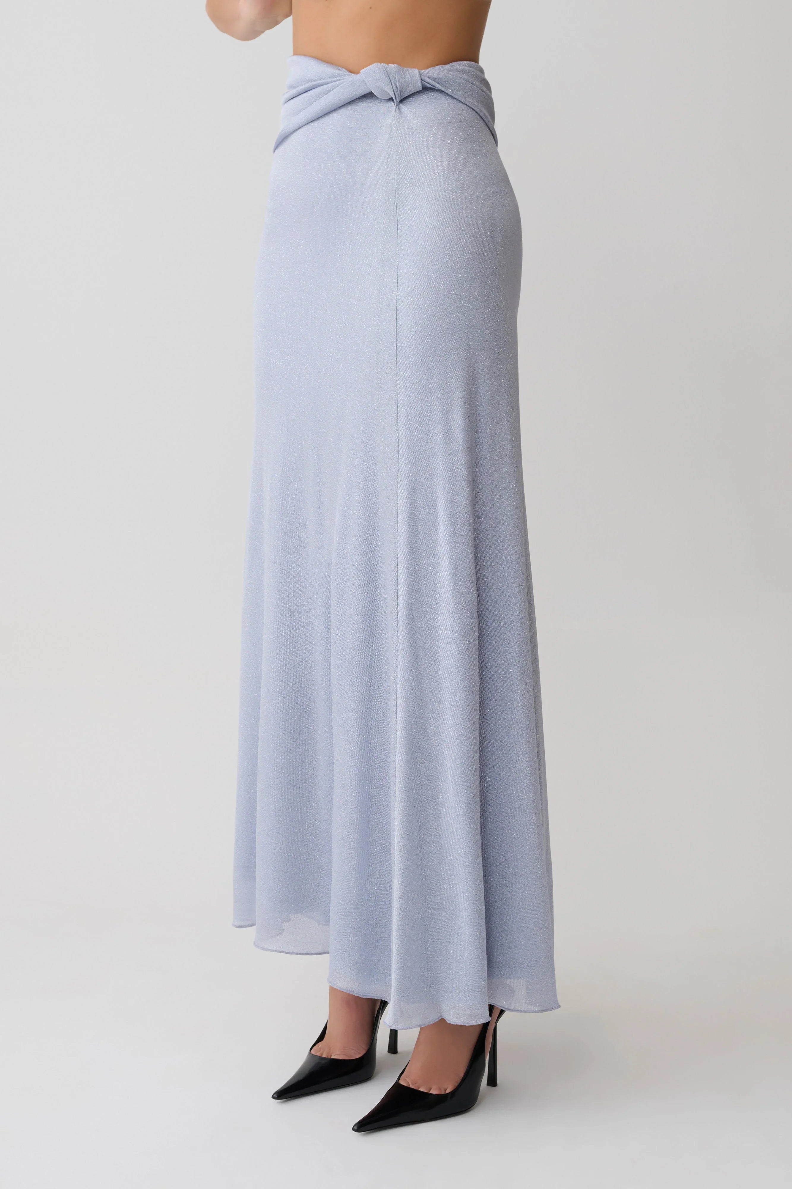 Adrienne Lurex Knot Maxi Skirt Pastel Blue
