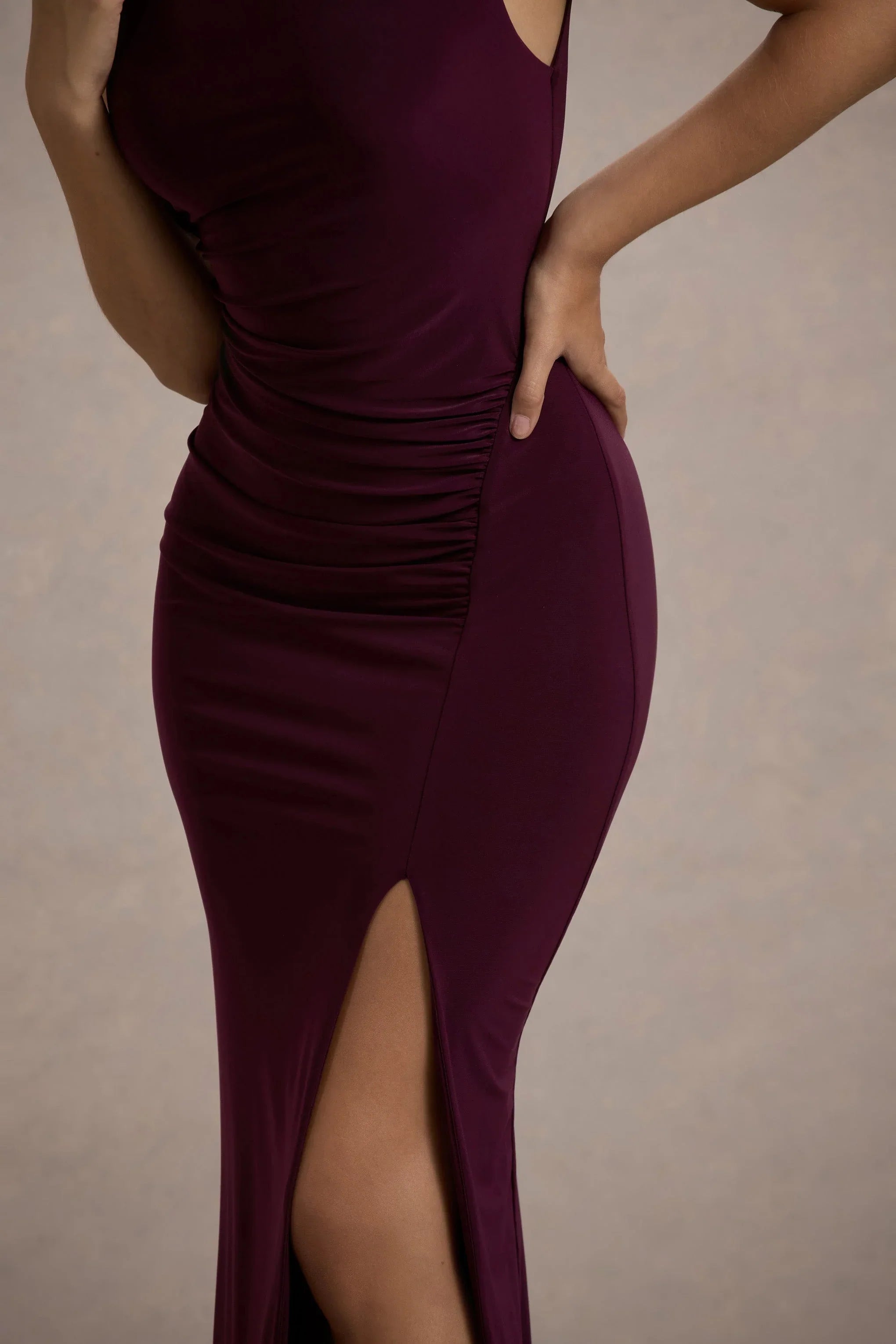 Lanetta Plum Ruched High Neck Maxi Dress With Split