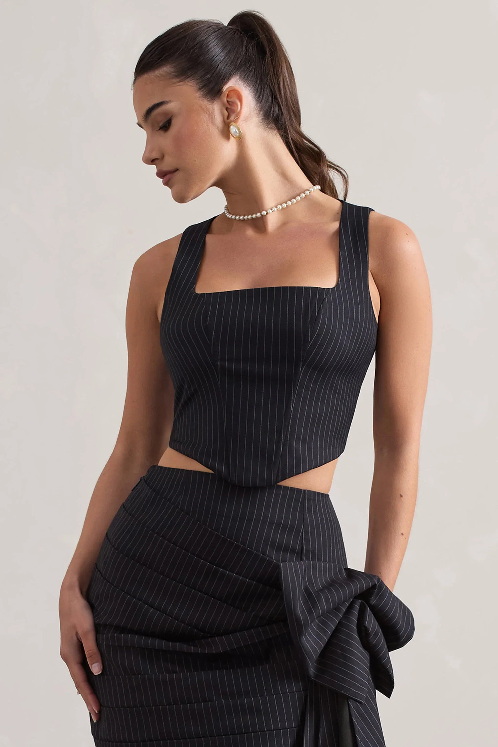 Think Again Navy Pinstripe Structured Corset Top