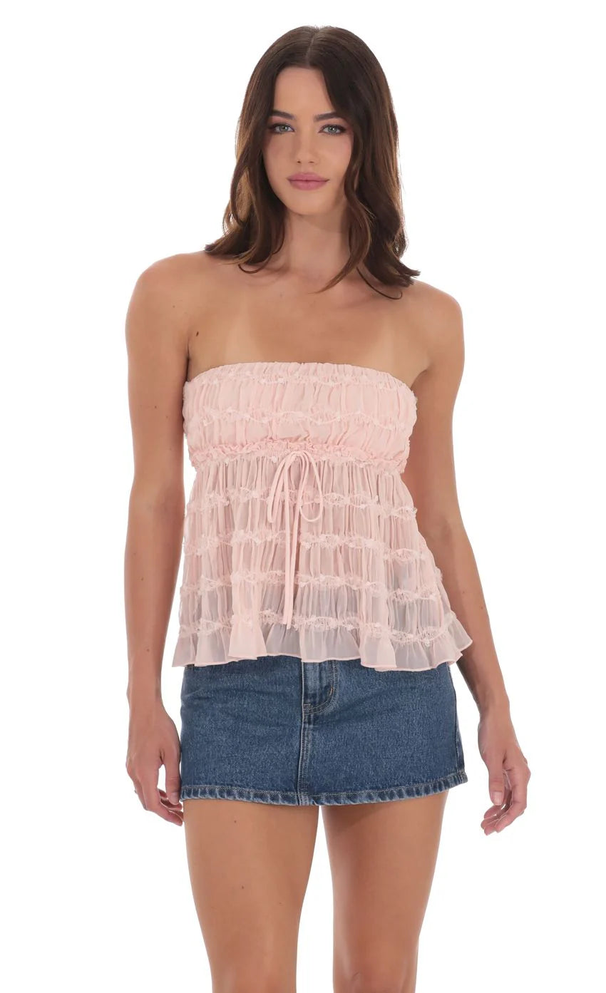 Smocked Strapless Babydoll Top in Pink