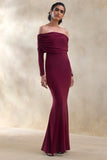 Brisea Burgundy Bardot Neck Maxi Dress